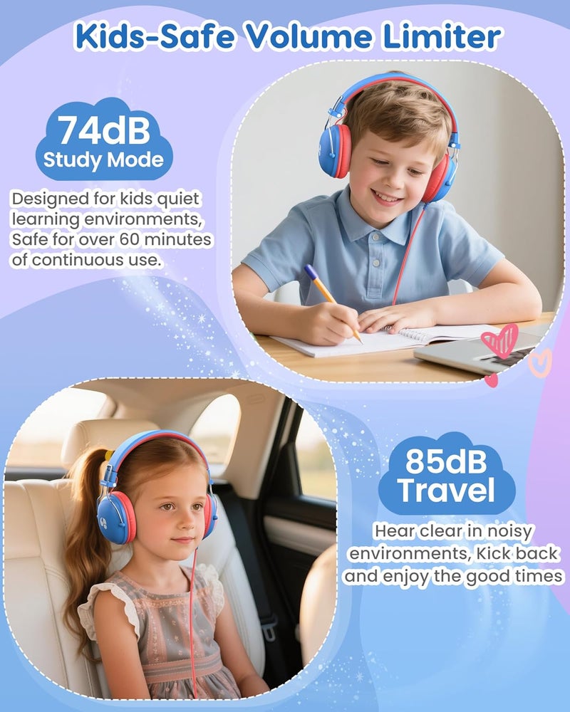 awatrue Kids Headphones for School, 74/85dB Safe Volume Limit, Stereo Sound, Wired On-Ear Headphones for Kids Boys Girls, 3.5mm Jack for Tablet, iPad, Kindle, YOTO Player, Airplane Travel, Blue - Image 2